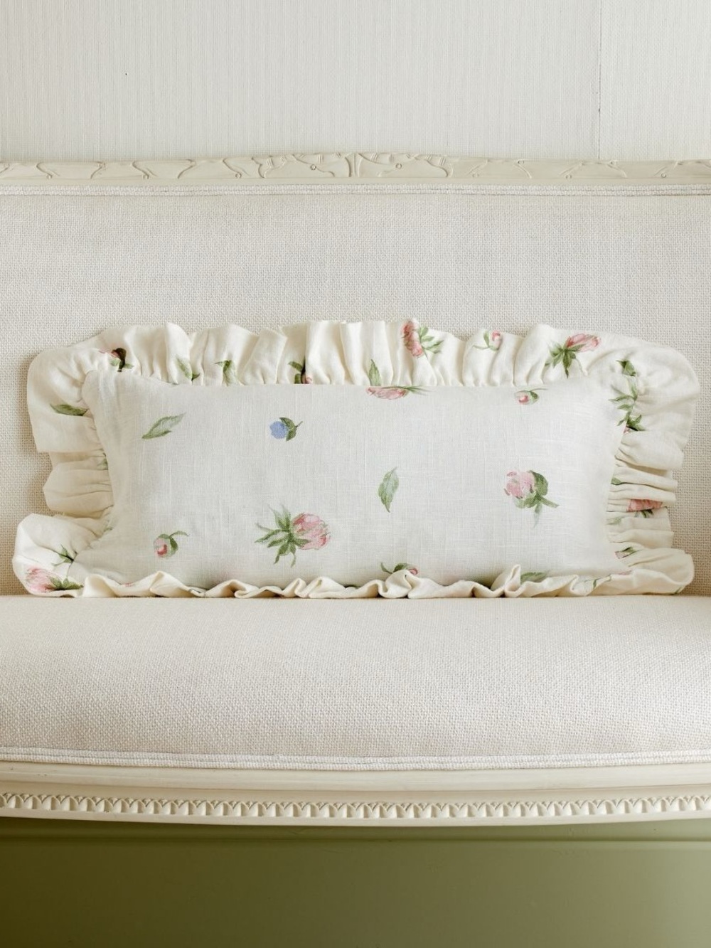 Cream Floral Ruffle Lumbar Pillow with Pink & Green Accents